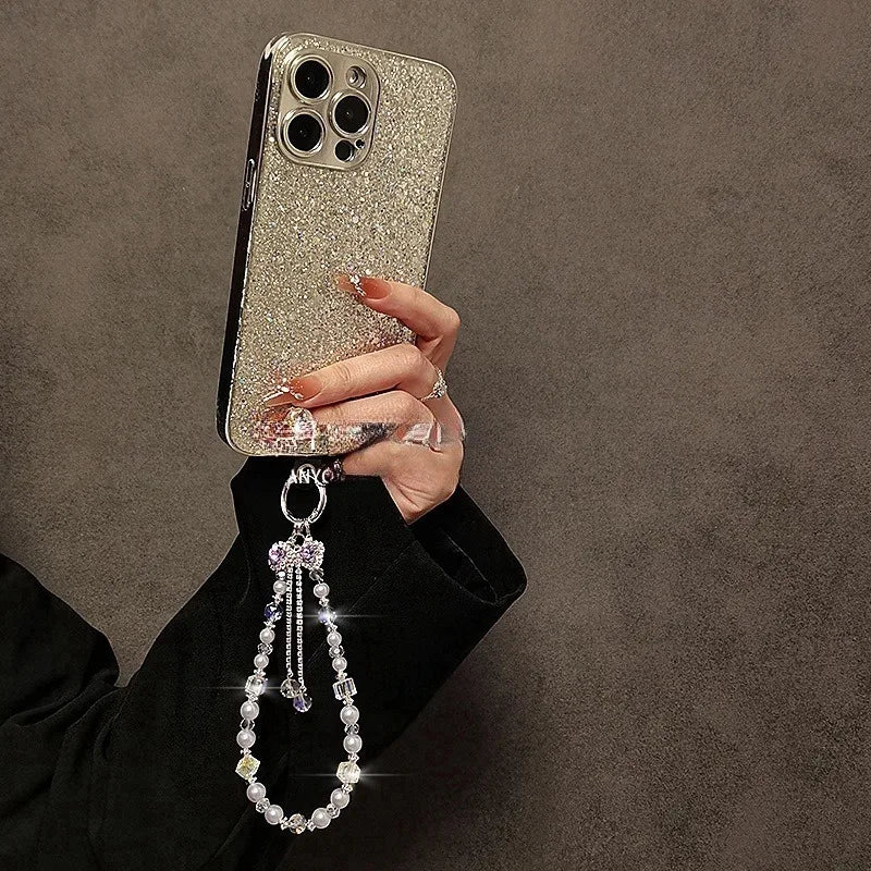Luxury High-End Flash Diamond Bow Tassel Mobile Phone Chain Crystal Beaded Mobile Phone Lanyard Short Wrist Holding Chain
