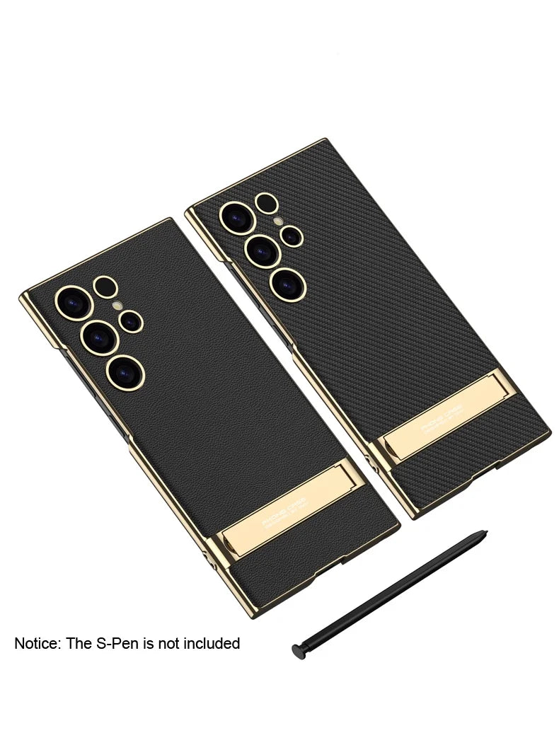 Luxury Electroplated Leather Bumper Case with Kickstand for Samsung – Shockproof, Wireless Charging Compatible