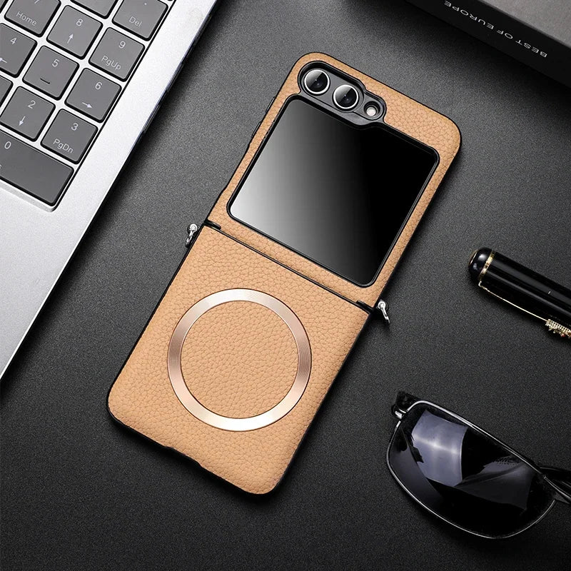 Magsafe Wireless Charge Case for Samsung Galaxy Z Flip 7 Flip6 Flip5 Flip4 Magnetic Litchi Leather Cover