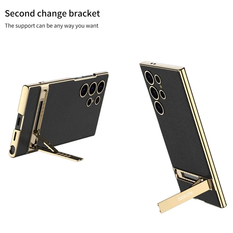 Luxury Electroplated Leather Bumper Case with Kickstand for Samsung – Shockproof, Wireless Charging Compatible
