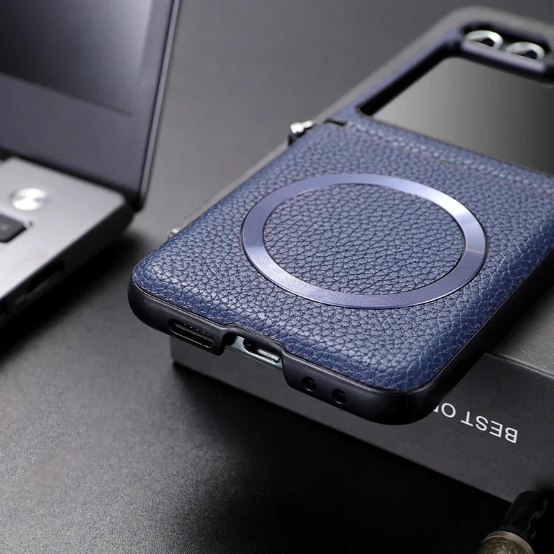 Magsafe Wireless Charge Case for Samsung Galaxy Z Flip 7 Flip6 Flip5 Flip4 Magnetic Litchi Leather Cover