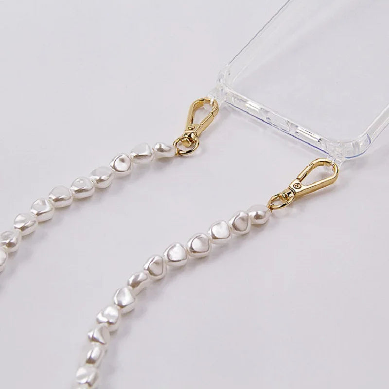 Luxury Transparent Crossbody Pearl Chain Phone Case – Elegant Hands-Free Protection for iPhone