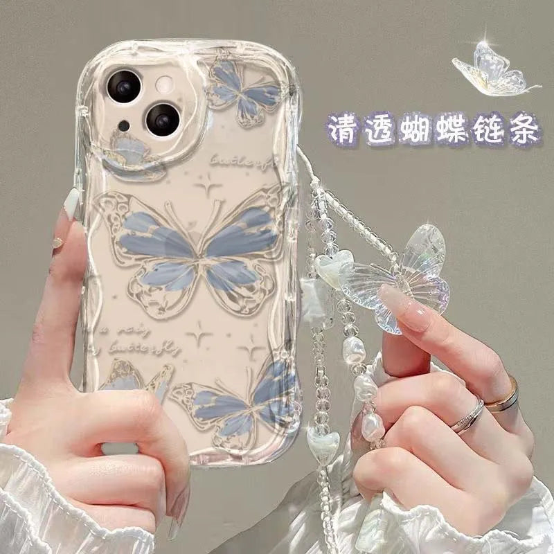 Luxury Clear TPU Leather Chain Case with 3D Butterfly & Bracelet Strap for iPhone