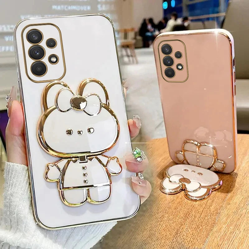 Luxury Glitter Makeup Mirror Phone Case with Cute Rabbit Ring Holder – Stylish Protection for Samsung Galaxy Series