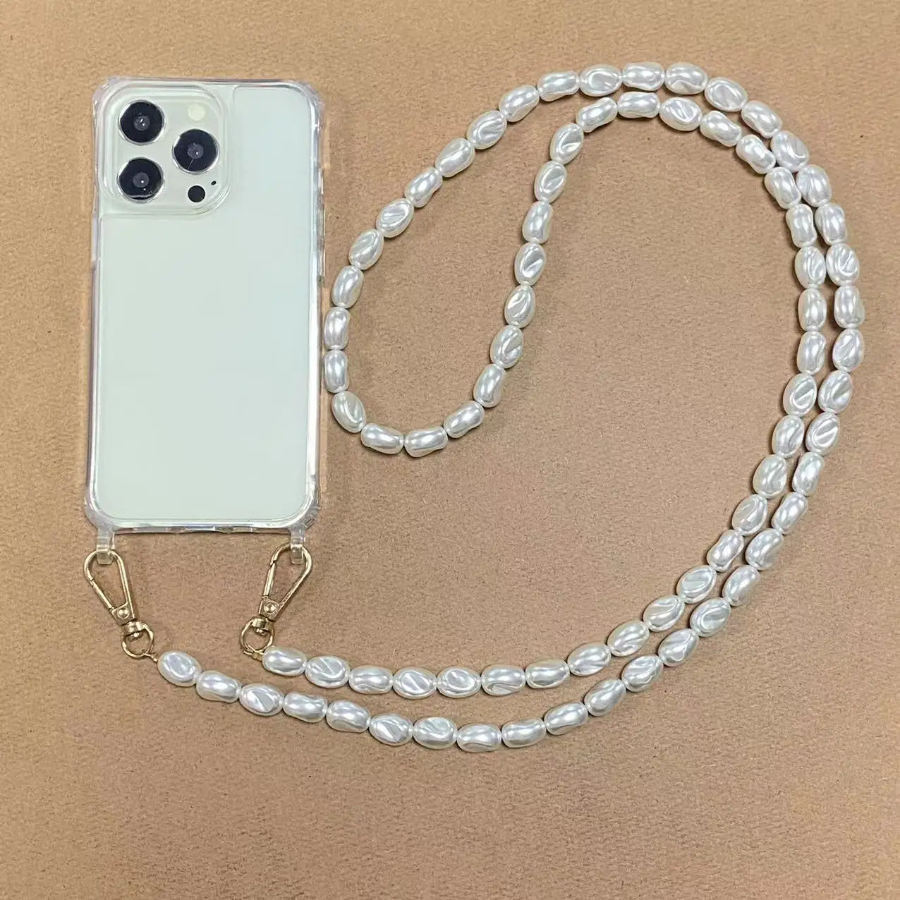 Luxury Transparent Crossbody Pearl Chain Phone Case – Elegant Hands-Free Protection for iPhone