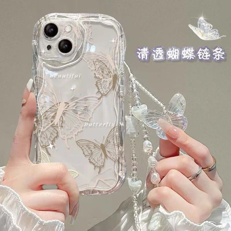 Luxury Clear TPU Leather Chain Case with 3D Butterfly & Bracelet Strap for iPhone