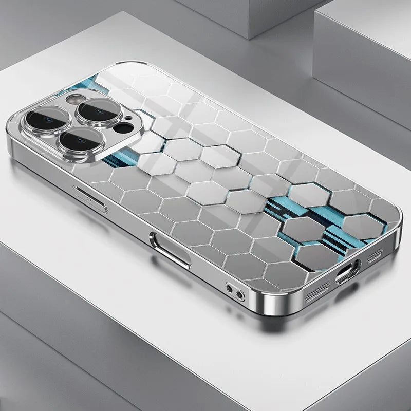 Silver Gradient Honeycomb Glass Phone Case – Full Coverage Shockproof Protection for iPhone
