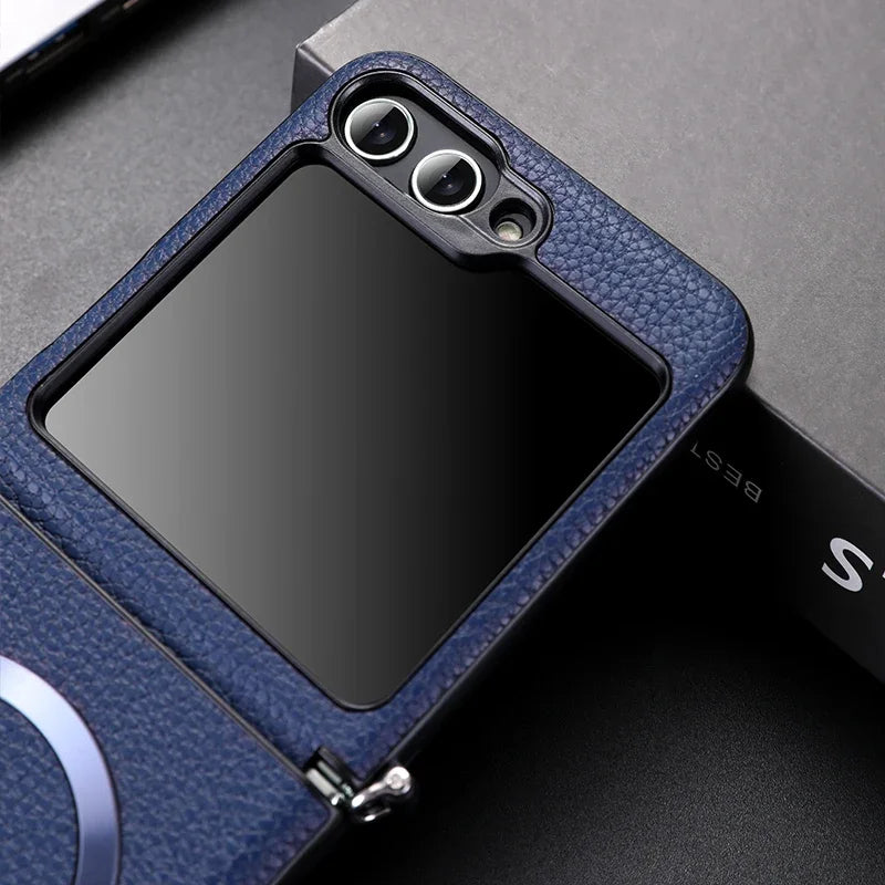 Magsafe Wireless Charge Case for Samsung Galaxy Z Flip 7 Flip6 Flip5 Flip4 Magnetic Litchi Leather Cover