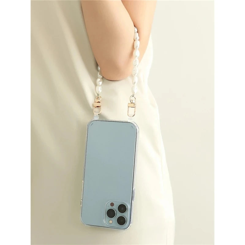 Luxury Transparent Crossbody Pearl Chain Phone Case – Elegant Hands-Free Protection for iPhone