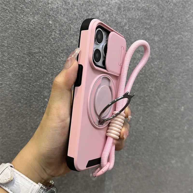 Luxury Magnetic Armor iPhone Case with Kickstand, Wristband & Camera Protection – Shockproof & MagSafe Compatible