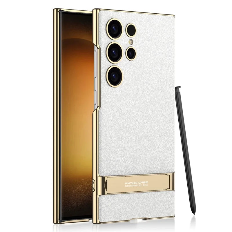 Luxury Electroplated Leather Bumper Case with Kickstand for Samsung – Shockproof, Wireless Charging Compatible
