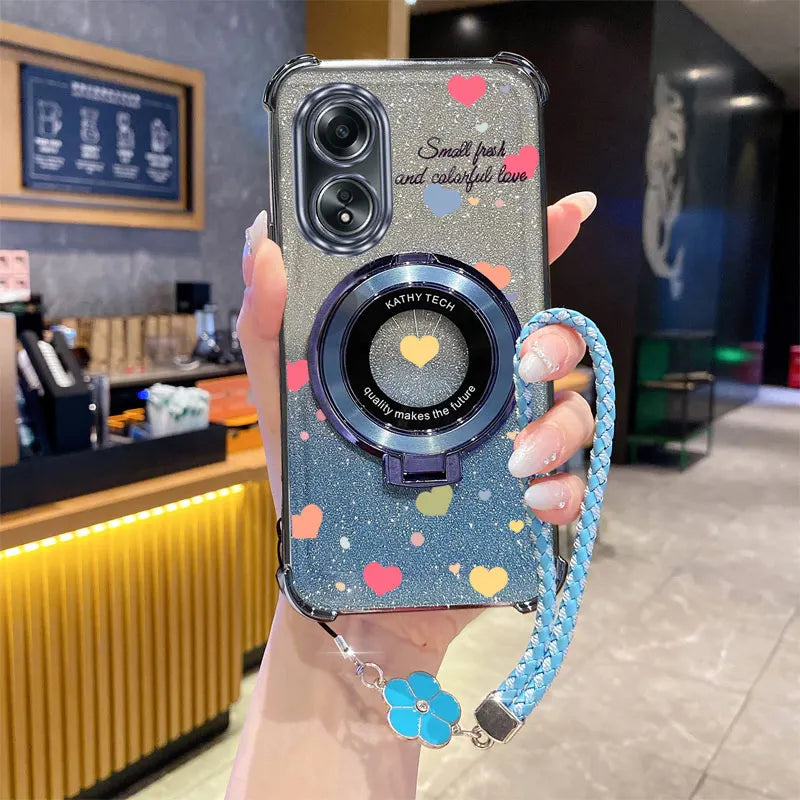 Luxury Glitter Phone Case with Clover Strap & Heart Ring Holder – Stylish Protection for Oppo Series