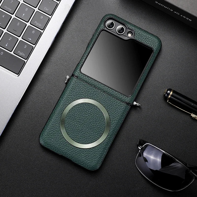 Magsafe Wireless Charge Case for Samsung Galaxy Z Flip 7 Flip6 Flip5 Flip4 Magnetic Litchi Leather Cover
