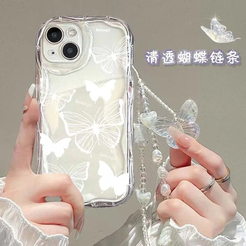 Luxury Clear TPU Leather Chain Case with 3D Butterfly & Bracelet Strap for iPhone