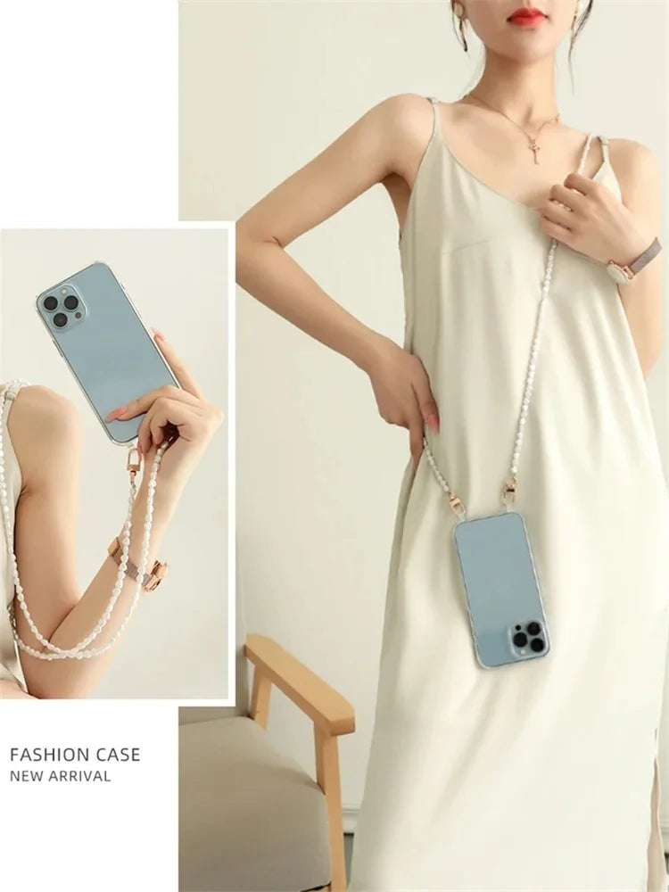 Luxury Transparent Crossbody Pearl Chain Phone Case – Elegant Hands-Free Protection for iPhone