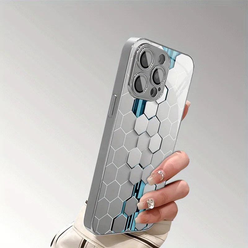 Silver Gradient Honeycomb Glass Phone Case – Full Coverage Shockproof Protection for iPhone