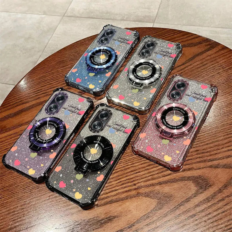 Luxury Glitter Phone Case with Clover Strap & Heart Ring Holder – Stylish Protection for Oppo Series