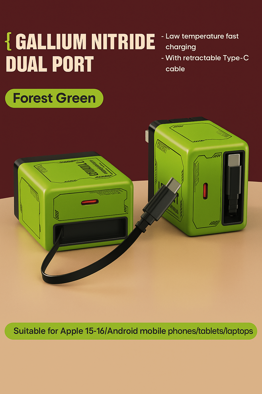GaN Dual-Port Fast Charger with Retractable Type-C Cable | 30W + 22.5W Super Fast Charging | Compact &amp; Foldable Travel Adapter