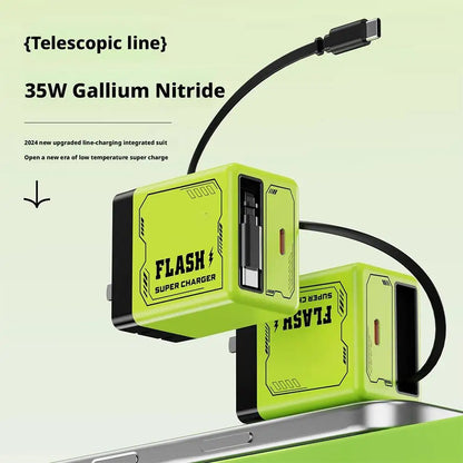 GaN Dual-Port Fast Charger with Retractable Type-C Cable | 30W + 22.5W Super Fast Charging | Compact &amp; Foldable Travel Adapter