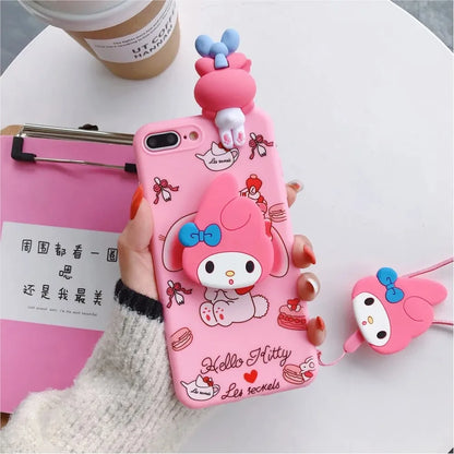 Cute 3D Cartoon Sanrio Phone Case with Holder &amp; Lanyard – For iPhone