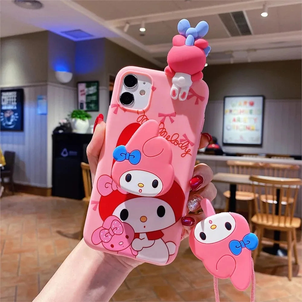 Cute 3D Cartoon Sanrio Phone Case with Holder &amp; Lanyard – For iPhone