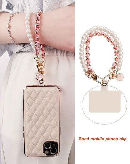 26cm Leather Pearl Camellia Mobile Phone Charm Bracelet Chain Anti-lost Universal Cell Phone Strap Rope Pendant Metal Key Chain