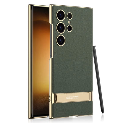 Luxury Electroplated Leather Bumper Case with Kickstand for Samsung – Shockproof, Wireless Charging Compatible