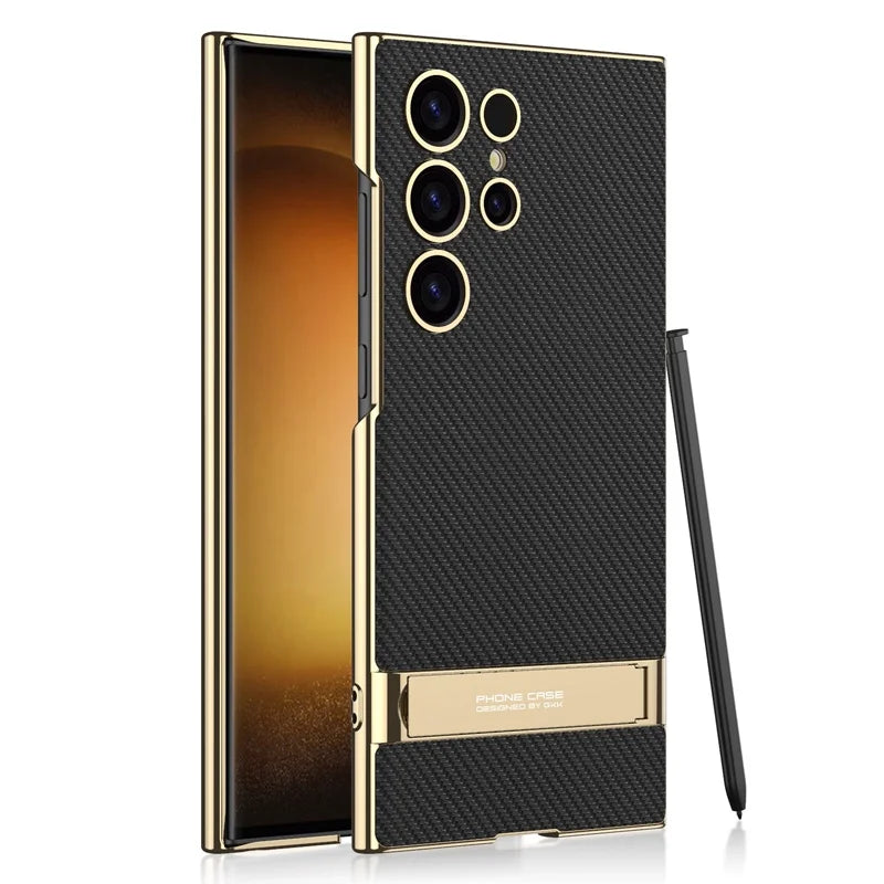 Luxury Electroplated Leather Bumper Case with Kickstand for Samsung – Shockproof, Wireless Charging Compatible