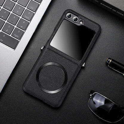 Magsafe Wireless Charge Case for Samsung Galaxy Z Flip 7 Flip6 Flip5 Flip4  Magnetic Litchi Leather Cover