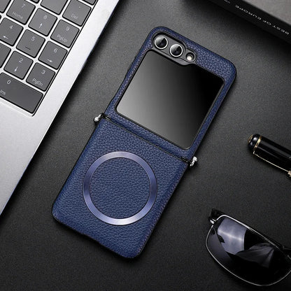 Magsafe Wireless Charge Case for Samsung Galaxy Z Flip 7 Flip6 Flip5 Flip4  Magnetic Litchi Leather Cover