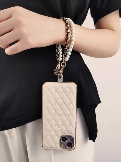 26cm Leather Pearl Camellia Mobile Phone Charm Bracelet Chain Anti-lost Universal Cell Phone Strap Rope Pendant Metal Key Chain