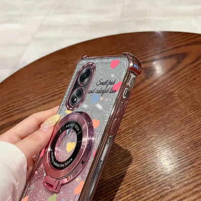 Luxury Glitter Phone Case with Clover Strap &amp; Heart Ring Holder – Stylish Protection for Oppo Series