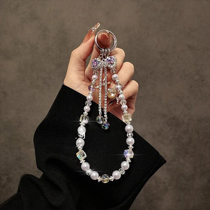 Luxury High-End Flash Diamond Bow Tassel Mobile Phone Chain Crystal Beaded Mobile Phone Lanyard Short Wrist Holding Chain
