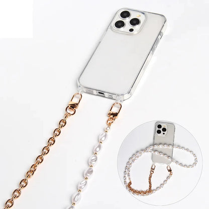 Luxury Transparent Crossbody Pearl Chain Phone Case – Elegant Hands-Free Protection for iPhone