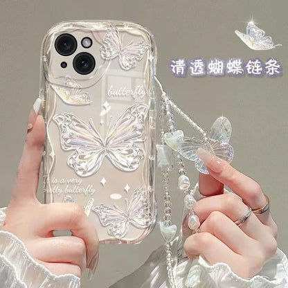 Luxury Clear TPU Leather Chain Case with 3D Butterfly &amp; Bracelet Strap for iPhone