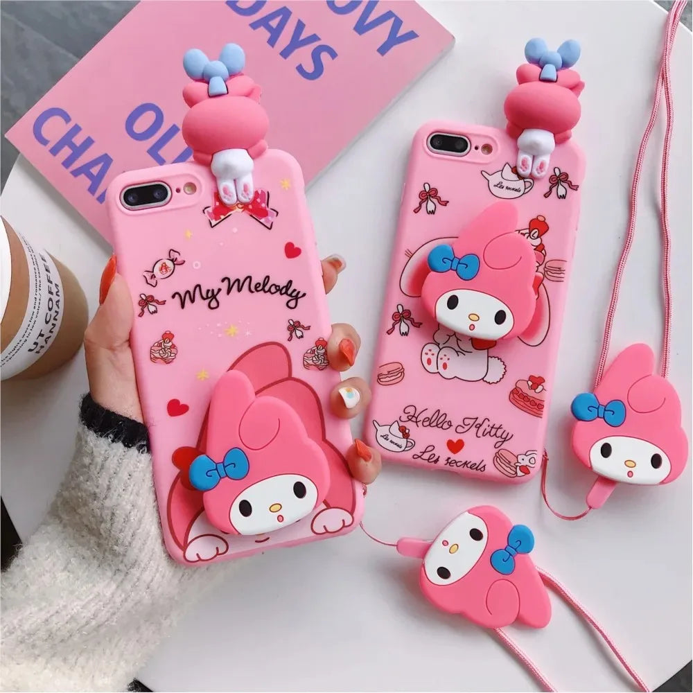 Cute 3D Cartoon Sanrio Phone Case with Holder &amp; Lanyard – For iPhone