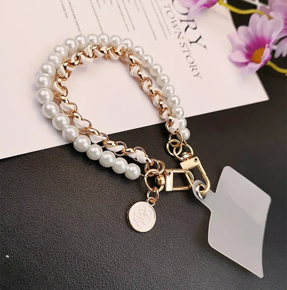 26cm Leather Pearl Camellia Mobile Phone Charm Bracelet Chain Anti-lost Universal Cell Phone Strap Rope Pendant Metal Key Chain