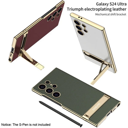 Luxury Electroplated Leather Bumper Case with Kickstand for Samsung – Shockproof, Wireless Charging Compatible