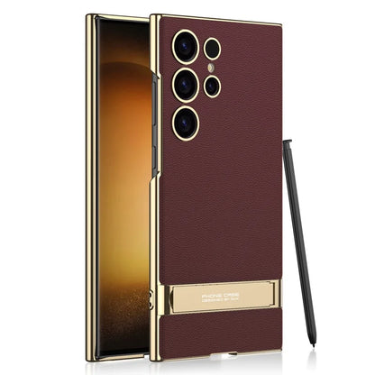 Luxury Electroplated Leather Bumper Case with Kickstand for Samsung – Shockproof, Wireless Charging Compatible