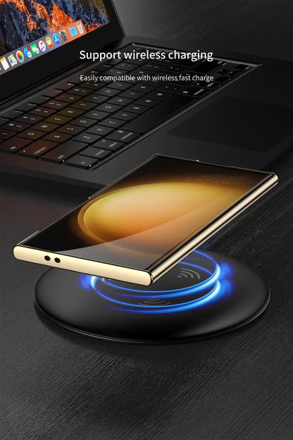 Luxury Electroplated Leather Bumper Case with Kickstand for Samsung – Shockproof, Wireless Charging Compatible