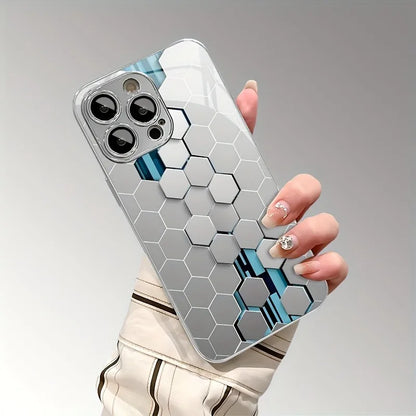 Silver Gradient Honeycomb Glass Phone Case – Full Coverage Shockproof Protection for iPhone