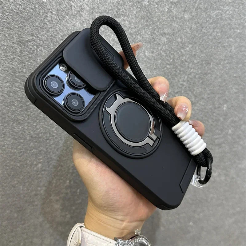 Luxury Magnetic Armor iPhone Case with Kickstand, Wristband &amp; Camera Protection – Shockproof &amp; MagSafe Compatible