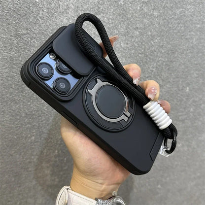 Luxury Magnetic Armor iPhone Case with Kickstand, Wristband &amp; Camera Protection – Shockproof &amp; MagSafe Compatible