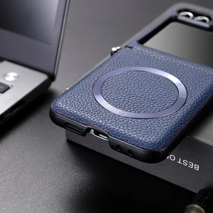 Magsafe Wireless Charge Case for Samsung Galaxy Z Flip 7 Flip6 Flip5 Flip4  Magnetic Litchi Leather Cover