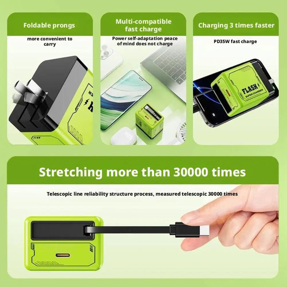 GaN Dual-Port Fast Charger with Retractable Type-C Cable | 30W + 22.5W Super Fast Charging | Compact &amp; Foldable Travel Adapter
