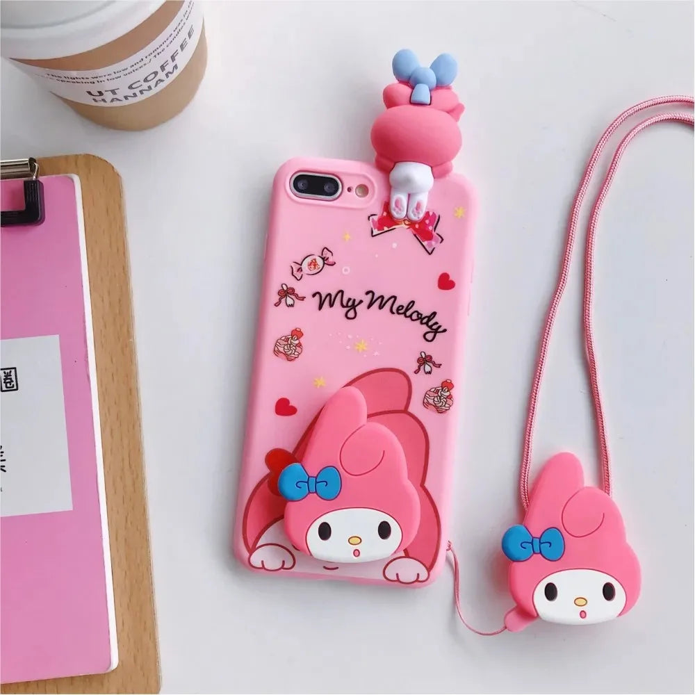 Cute 3D Cartoon Sanrio Phone Case with Holder &amp; Lanyard – For iPhone
