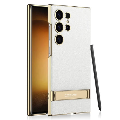 Luxury Electroplated Leather Bumper Case with Kickstand for Samsung – Shockproof, Wireless Charging Compatible