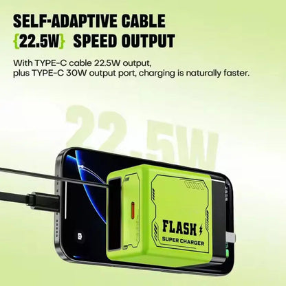 GaN Dual-Port Fast Charger with Retractable Type-C Cable | 30W + 22.5W Super Fast Charging | Compact &amp; Foldable Travel Adapter