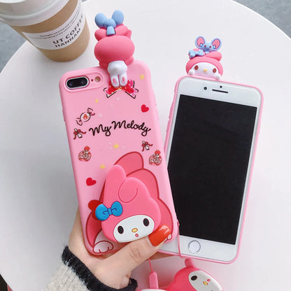 Cute 3D Cartoon Sanrio Phone Case with Holder &amp; Lanyard – For iPhone