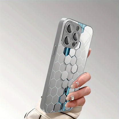 Silver Gradient Honeycomb Glass Phone Case – Full Coverage Shockproof Protection for iPhone